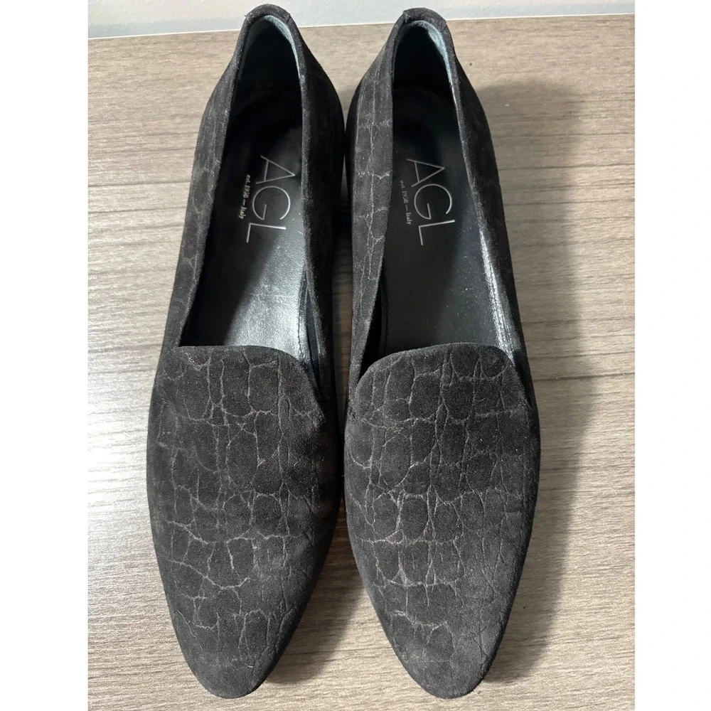 AGL Made in Italy Loafer Black Suede Leather Crocodile-Embossed Size EUR 40 US 9